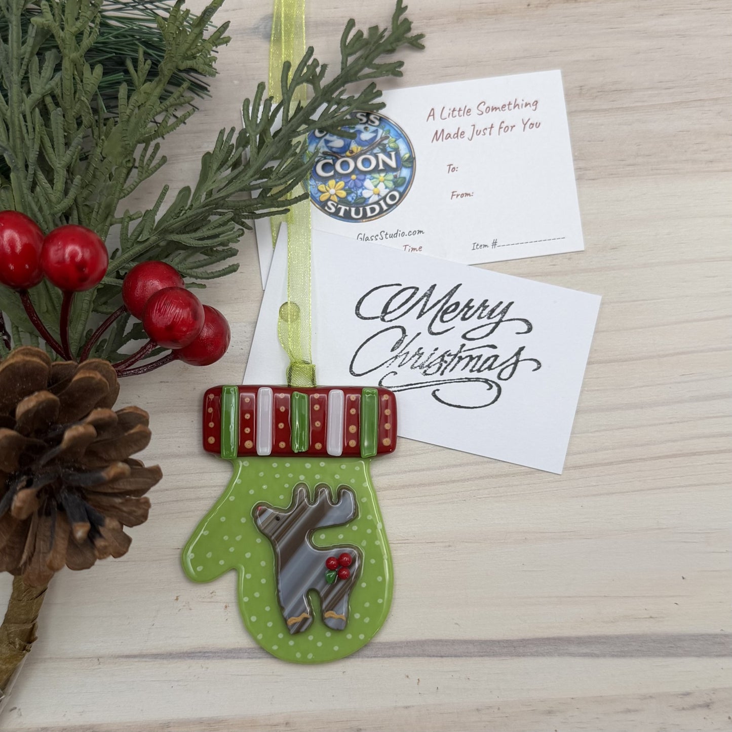 Fused Glass Reindeer Mitten Ornament – Green Christmas Ornament with Holiday Reindeer