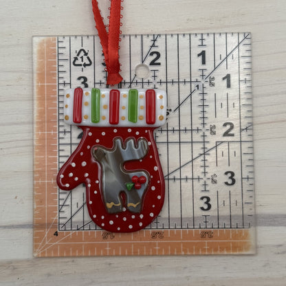 Fused Glass Reindeer Mitten Ornament – Red Christmas Mitten Suncatcher with Holly Accen