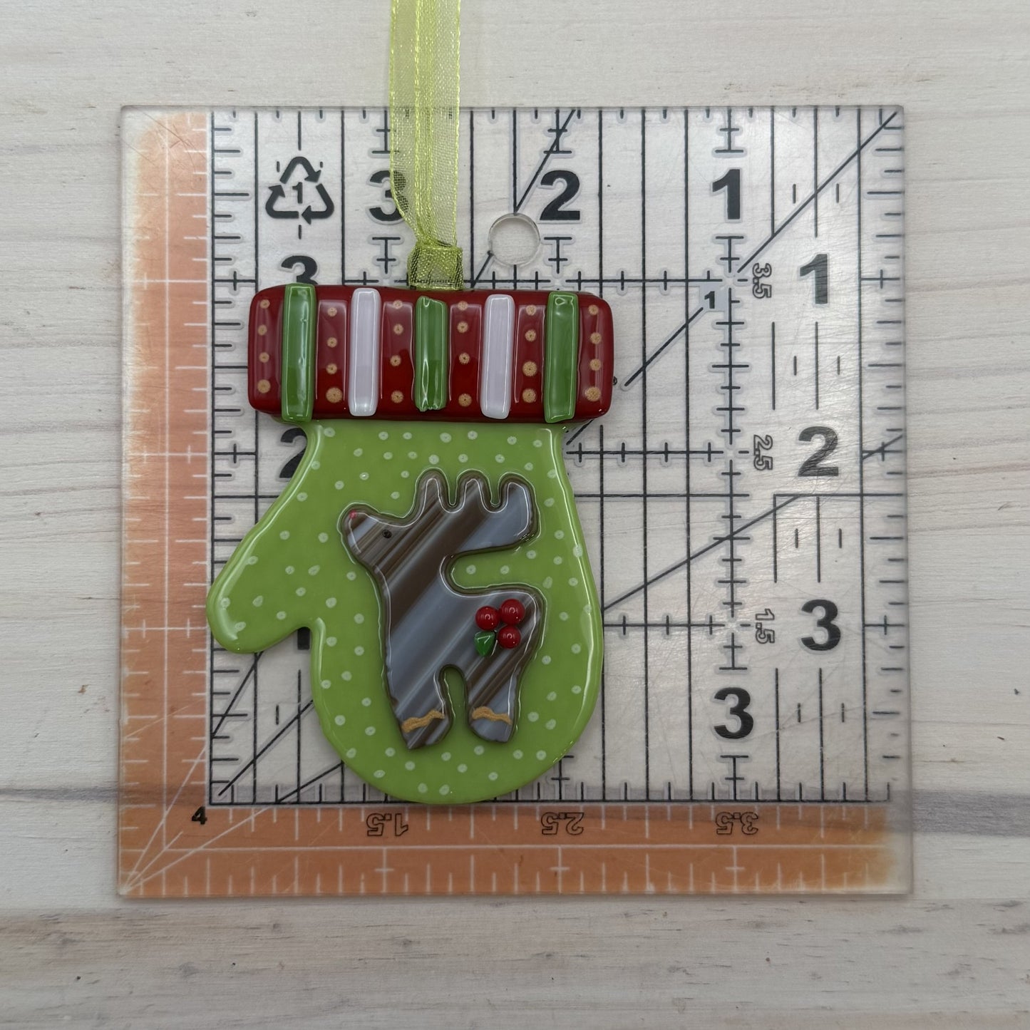 Fused Glass Reindeer Mitten Ornament – Green Christmas Ornament with Holiday Reindeer