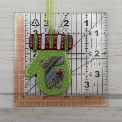 Fused Glass Reindeer Mitten Ornament – Green Christmas Ornament with Holiday Reindeer