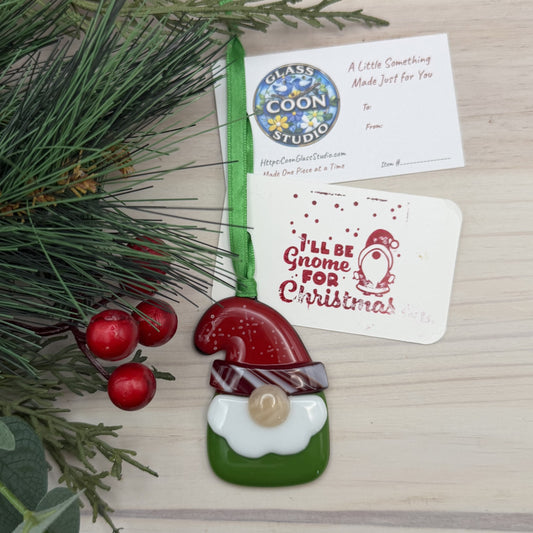 Fused Glass Christmas Gnome Ornament with Red Hat