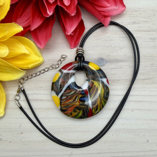 Multicolor Fused Glass Pendant Necklace – Handmade Statement Jewelry on Faux Leather Cord