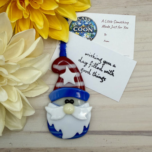 Patriotic Fused Glass Gnome Ornament with American Flag Hat – Red White & Blue Holiday Decor