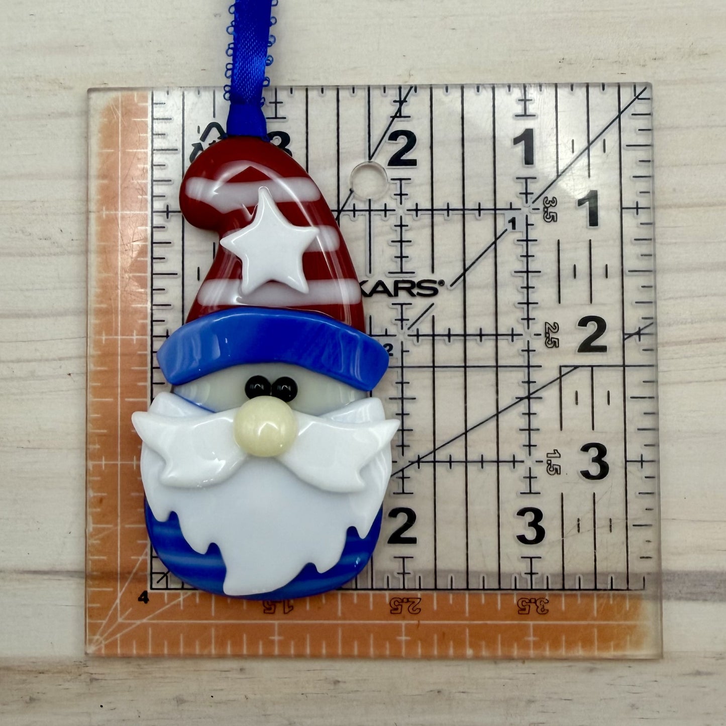 Patriotic Fused Glass Gnome Ornament with American Flag Hat – Red White & Blue Holiday Decor