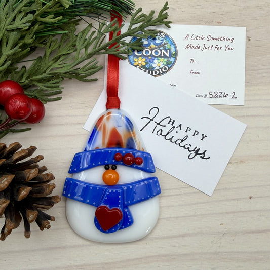 Whimsical Fused Glass Snowman Ornament – Red, White & Blue Hat – Handmade Christmas Ornament