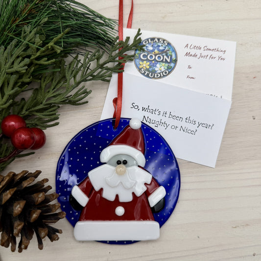 Fused Glass Santa Ornament – Blue Snowflake Base – Handmade Christmas Decor