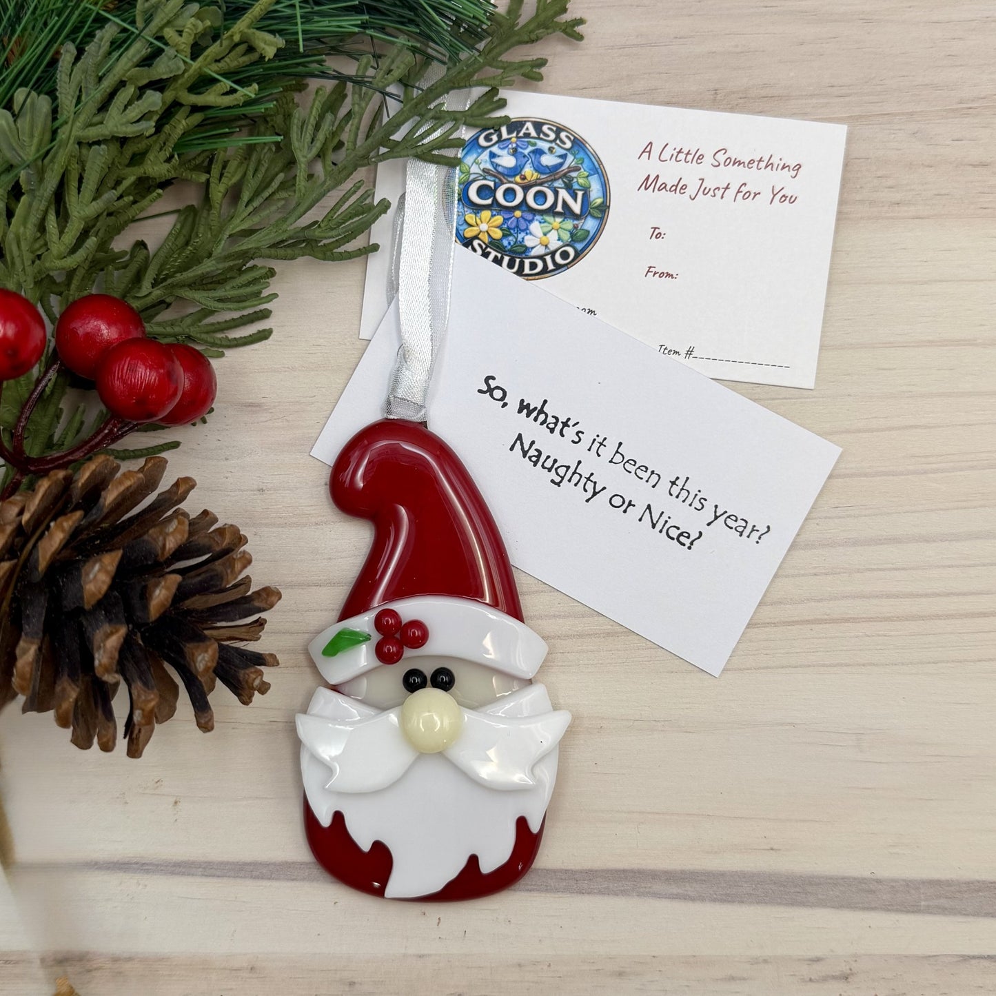 Fused Glass Santa Gnome Ornament – Handmade Christmas Gnome Holiday Decor