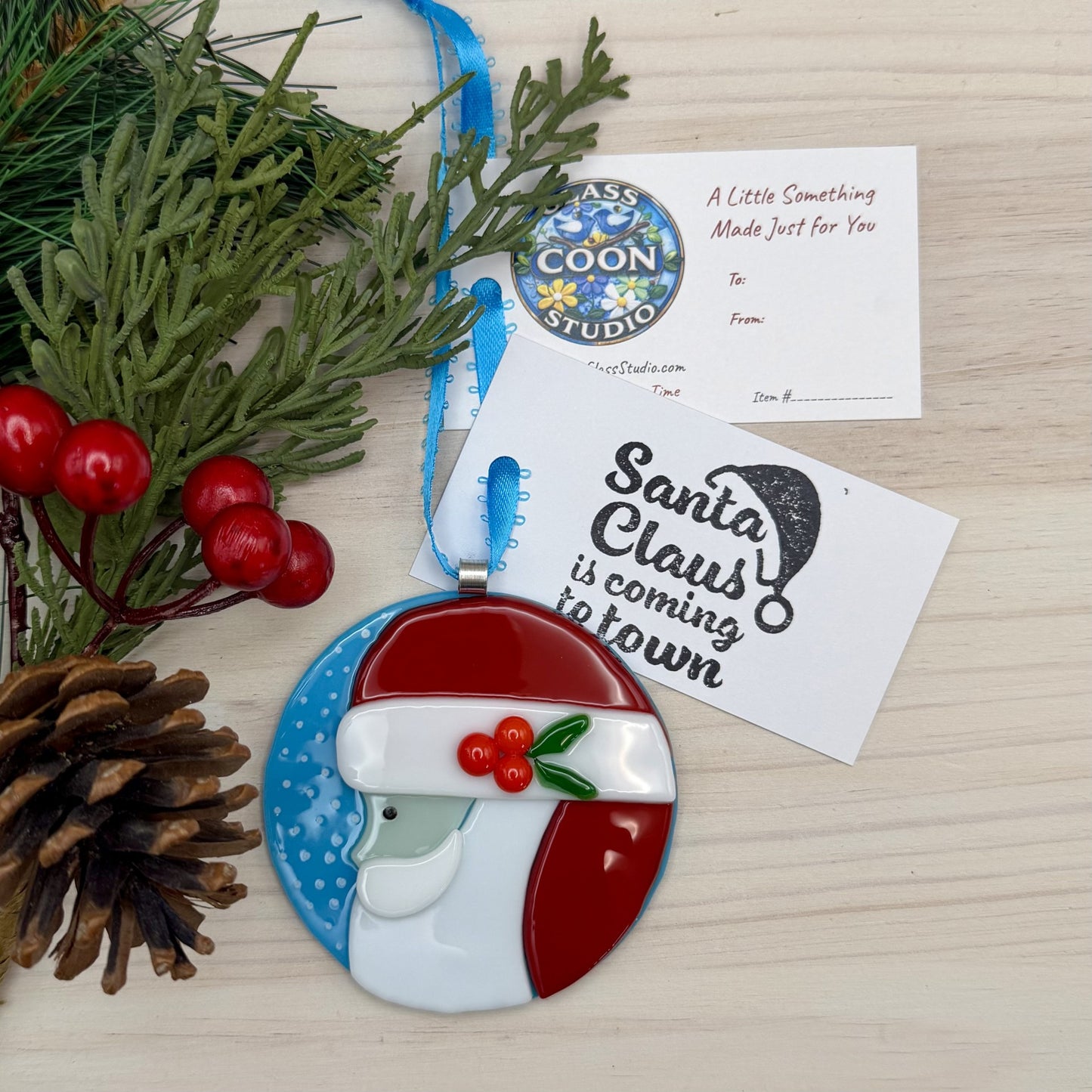 Fused Glass Santa Claus Ornament – Round Santa Christmas Ornament – Handmade Blue and White Holiday Decor