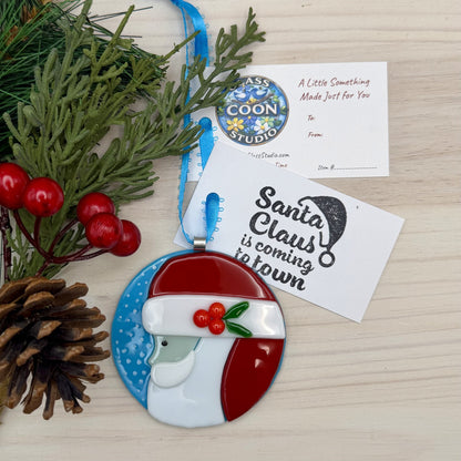 Fused Glass Santa Claus Ornament – Round Santa Christmas Ornament – Handmade Blue and White Holiday Decor