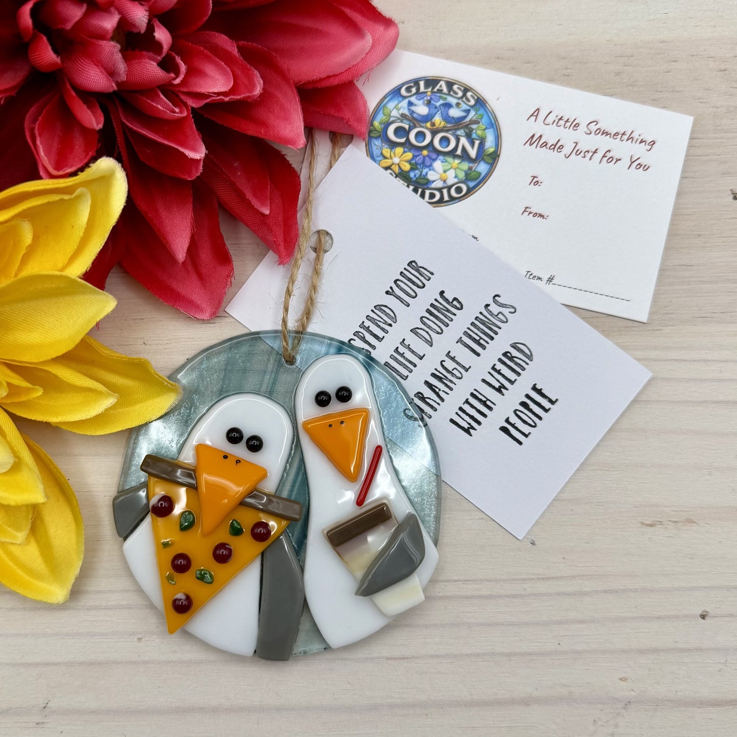 Fused Glass Seagull Ornament – Funny Beach Bird with Pizza & Drink