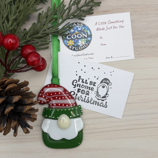 Fused Glass Christmas Gnome Ornament – Red & Green Holiday Gnome