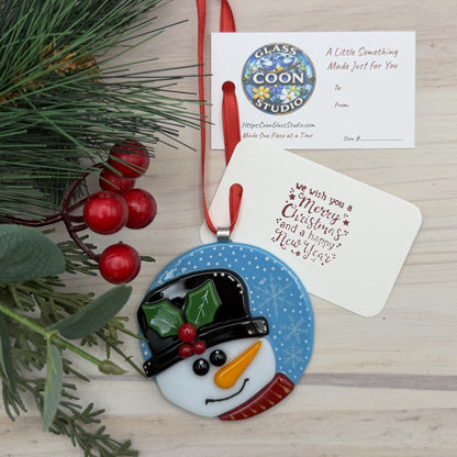 Fused Glass Snowman Ornament with Holly Top Hat