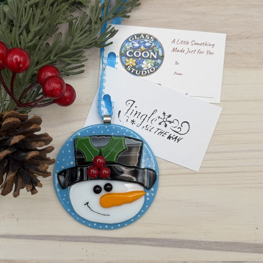 Fused Glass Snowman Ornament – Handmade Snowman Christmas Ornament – Blue Snowflake Holiday Tree Decoration