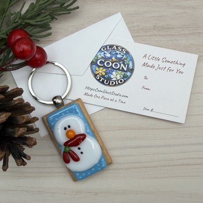 Fused Glass Snowman Keychain – Handmade Beechwood Keychain Charm