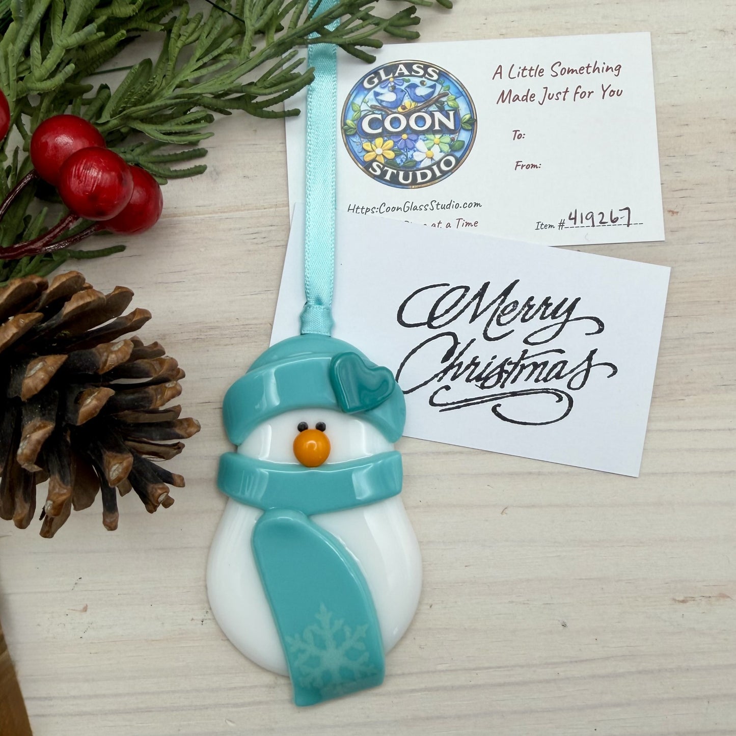 Fused Glass Snowman Ornament – Blue & Teal Handmade Christmas Decoration