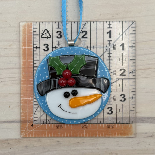 Fused Glass Snowman Ornament – Handmade Snowman Christmas Ornament – Blue Snowflake Holiday Tree Decoration