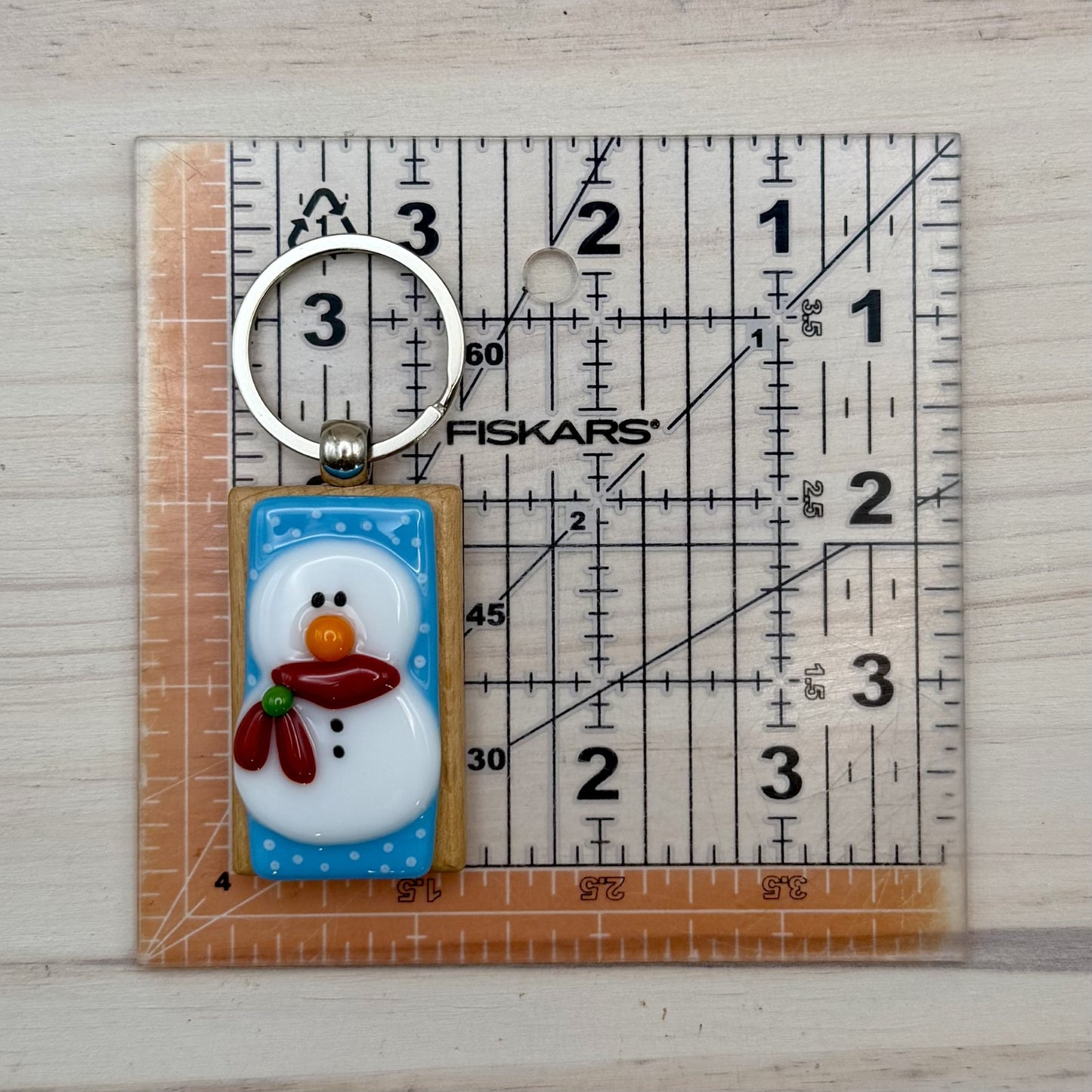 Fused Glass Snowman Keychain – Handmade Beechwood Keychain Charm