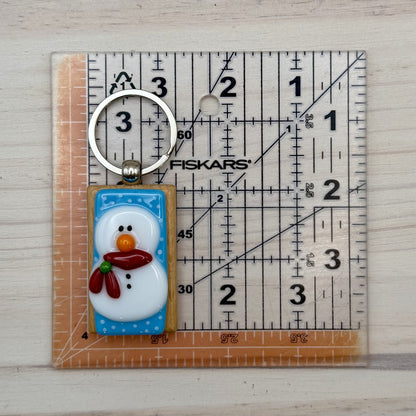 Fused Glass Snowman Keychain – Handmade Beechwood Keychain Charm