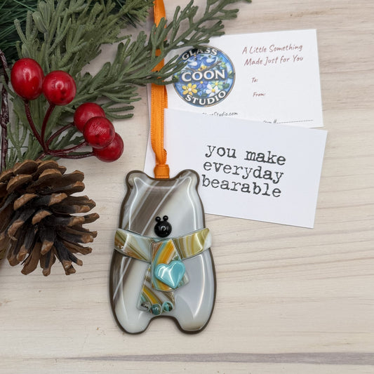 Handcrafted Fused Glass Brown Bear Ornament with Multicolor Scarf and Blue Heart – "You Make Everyday Bearable"