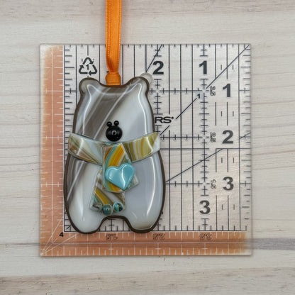Handcrafted Fused Glass Brown Bear Ornament with Multicolor Scarf and Blue Heart – "You Make Everyday Bearable"