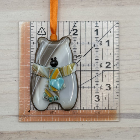 Handcrafted Fused Glass Brown Bear Ornament with Multicolor Scarf and Blue Heart – "You Make Everyday Bearable"