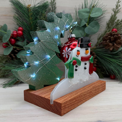 Fused Glass Snowman Couple with Lighted Tree & Oak Display Stand