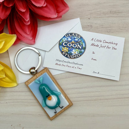 Fused Glass Bird Keychain – Teal Bird Beechwood Keychain
