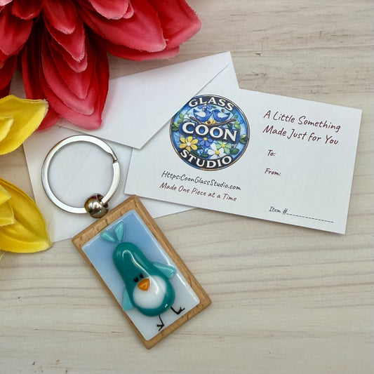 Fused Glass Bird Keychain – Teal Bird Beechwood Keychain