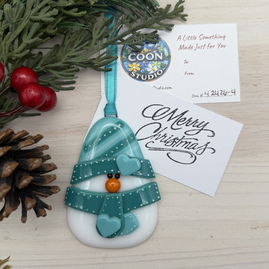 Fused Glass Snowman Ornament with Teal Hat and Scarf | Handmade Christmas Ornament