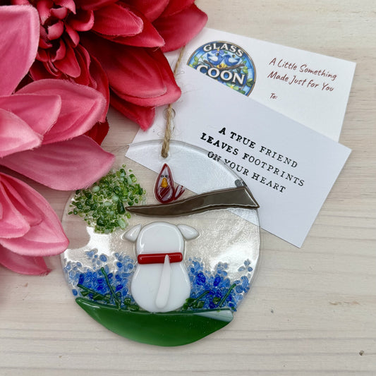 Fused Glass Dog & Bird Ornament – “A True Friend Leaves Footprints on Your Heart” – Handmade Gift