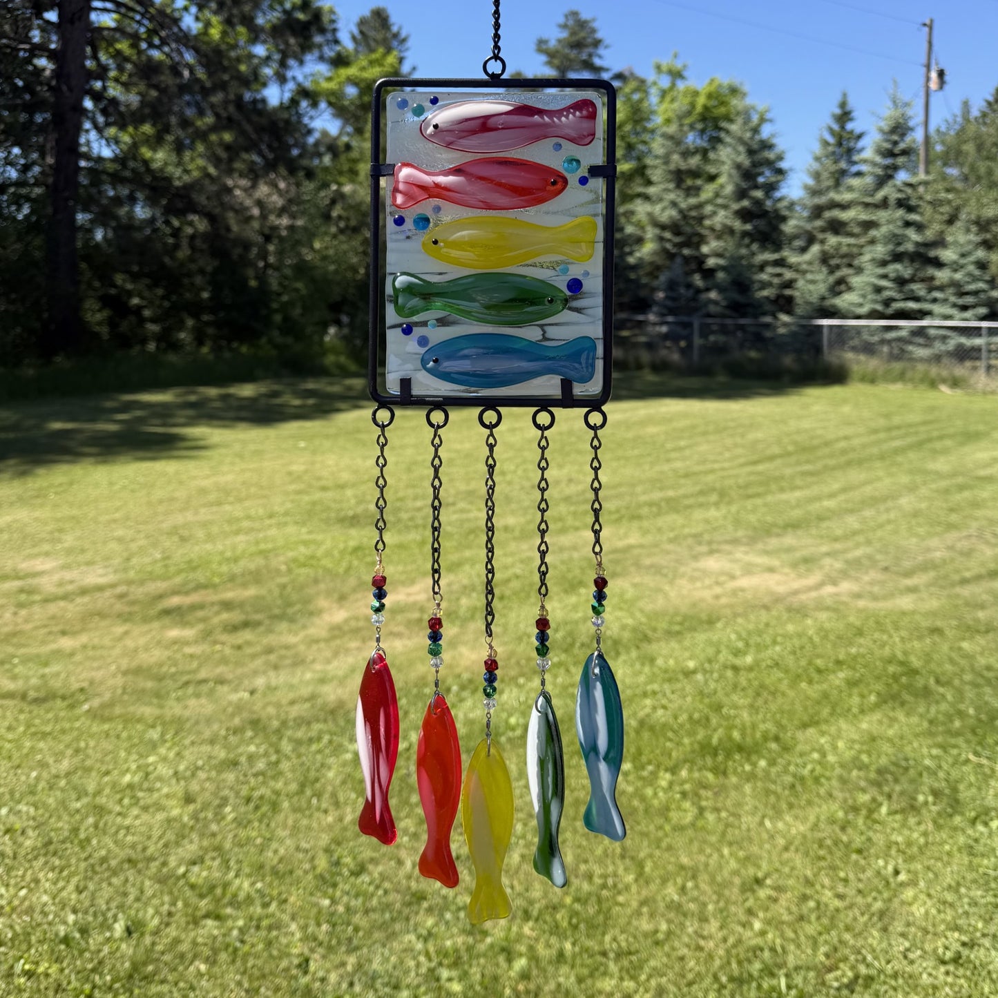 Colorful Fish Fused Glass Wind Chime – Handcrafted Hanging Glass Art for Patio, Deck or Garden