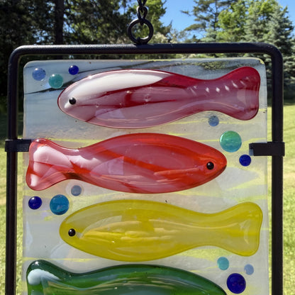 Colorful Fish Fused Glass Wind Chime – Handcrafted Hanging Glass Art for Patio, Deck or Garden