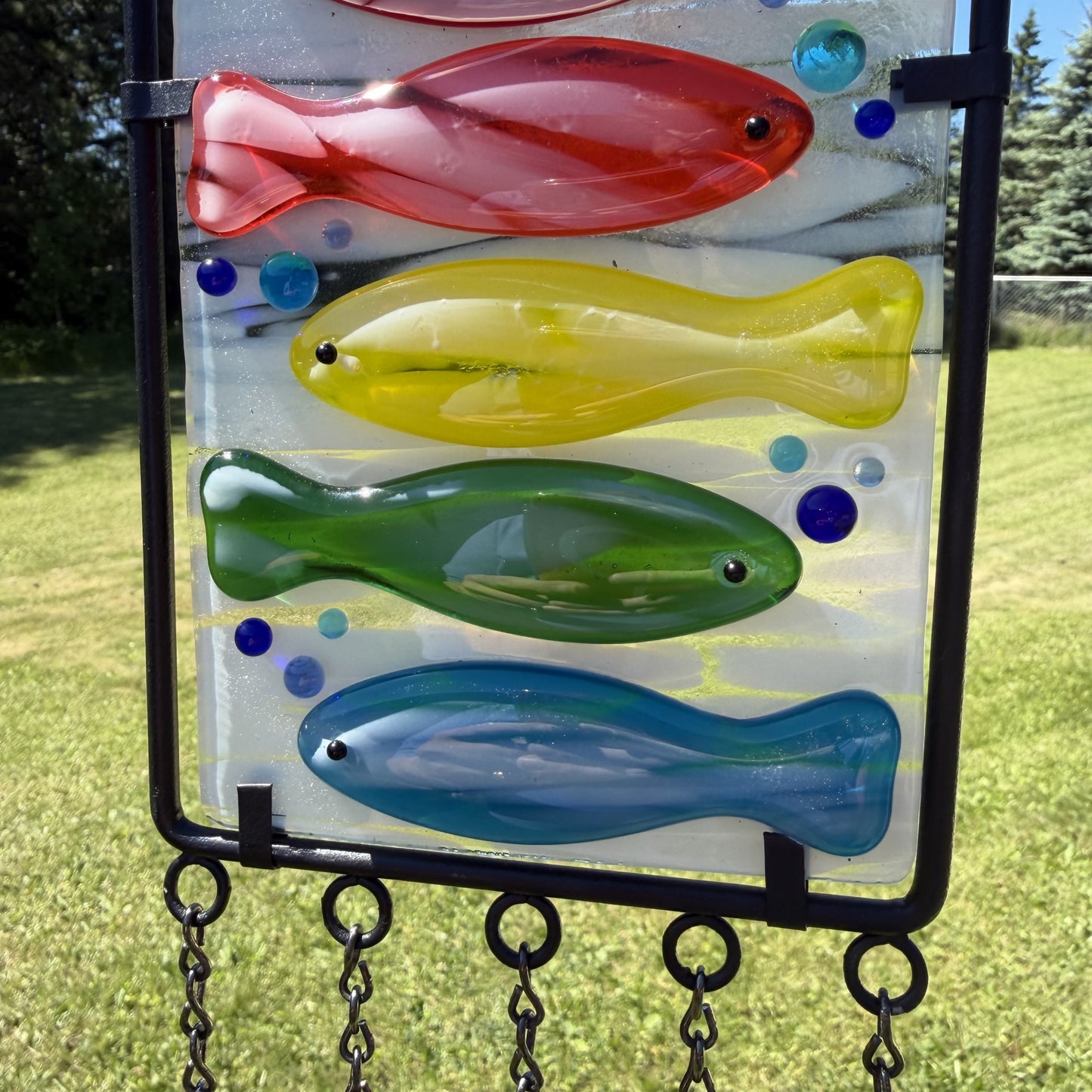 Colorful Fish Fused Glass Wind Chime – Handcrafted Hanging Glass Art for Patio, Deck or Garden