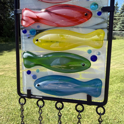 Colorful Fish Fused Glass Wind Chime – Handcrafted Hanging Glass Art for Patio, Deck or Garden