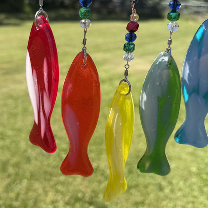 Colorful Fish Fused Glass Wind Chime – Handcrafted Hanging Glass Art for Patio, Deck or Garden