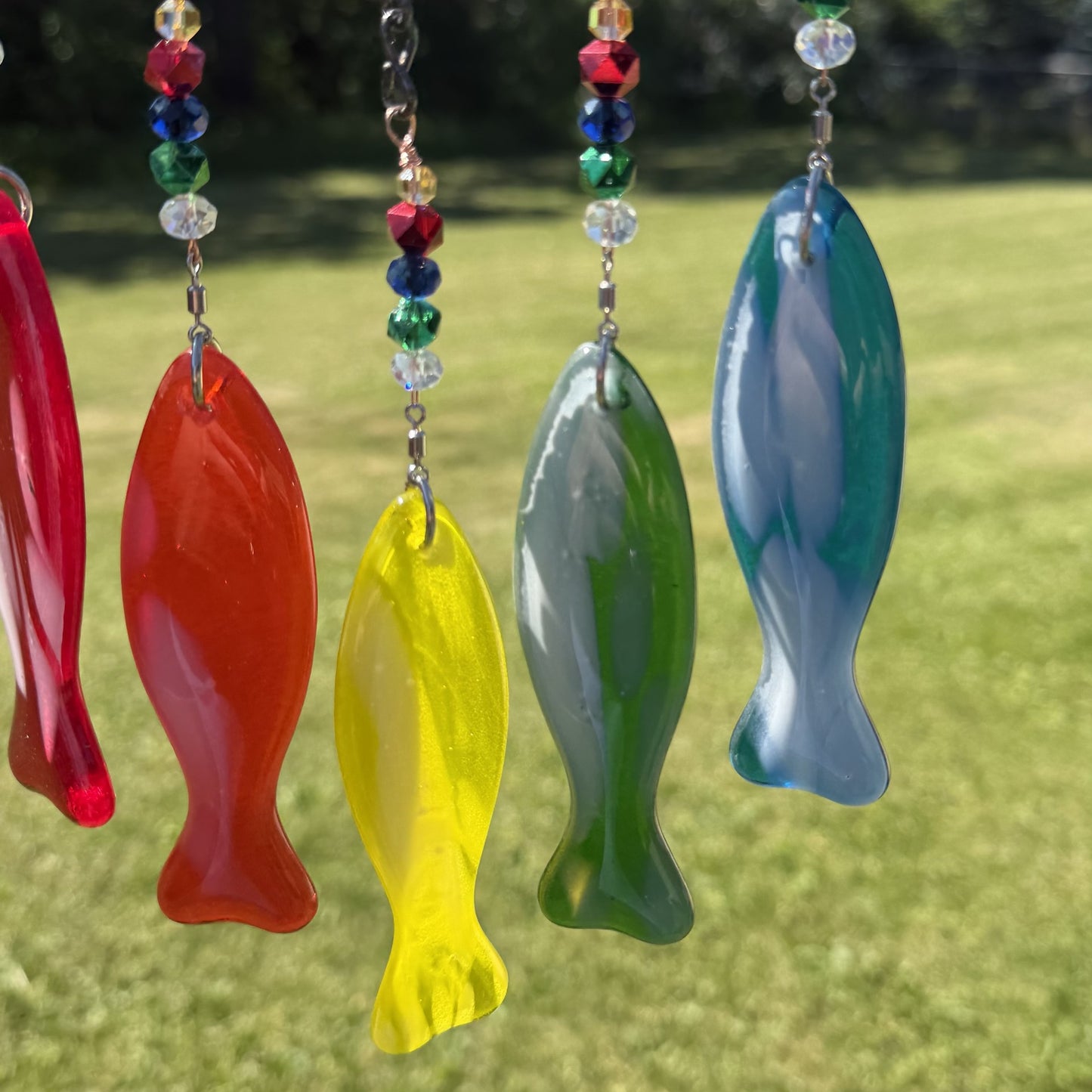 Colorful Fish Fused Glass Wind Chime – Handcrafted Hanging Glass Art for Patio, Deck or Garden