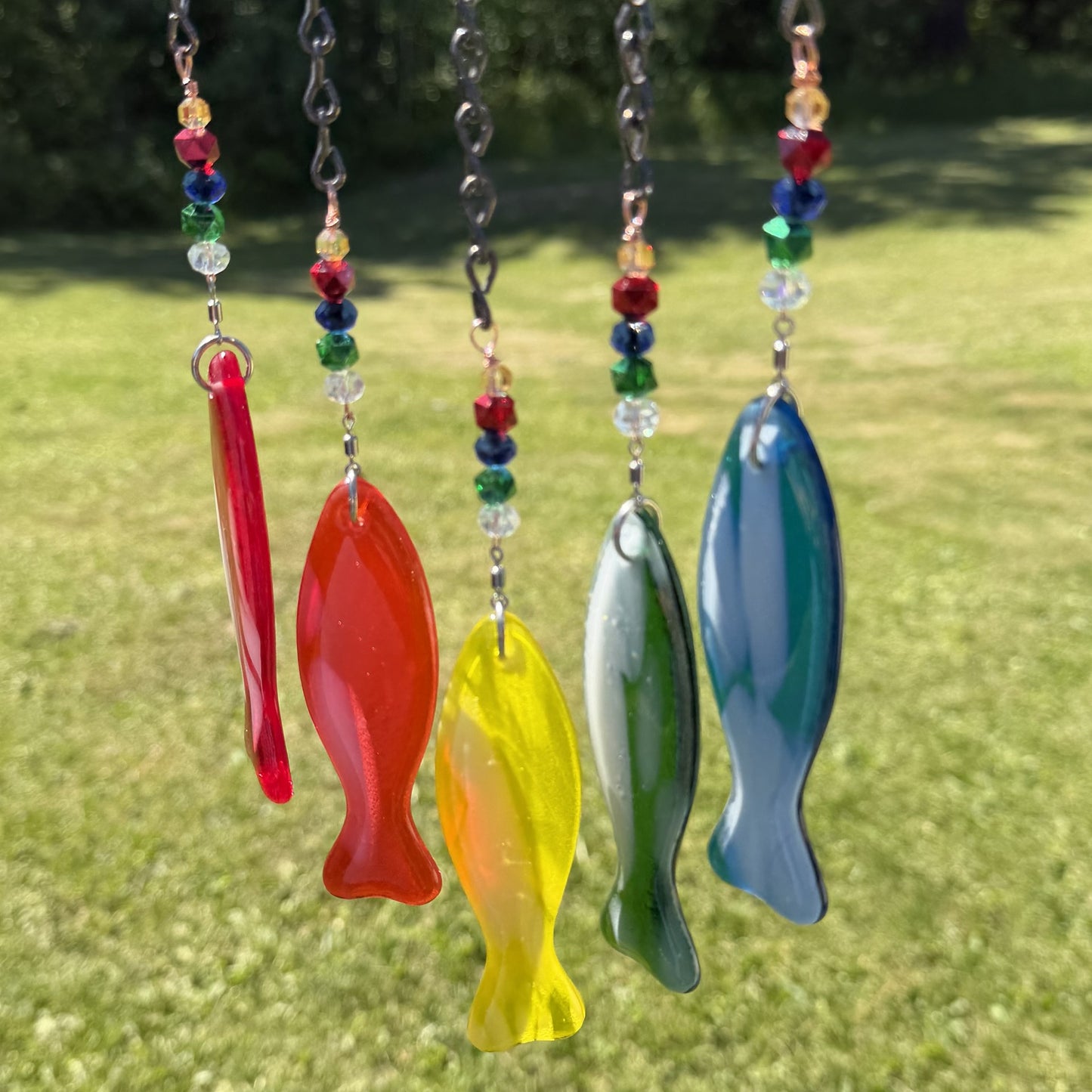 Colorful Fish Fused Glass Wind Chime – Handcrafted Hanging Glass Art for Patio, Deck or Garden