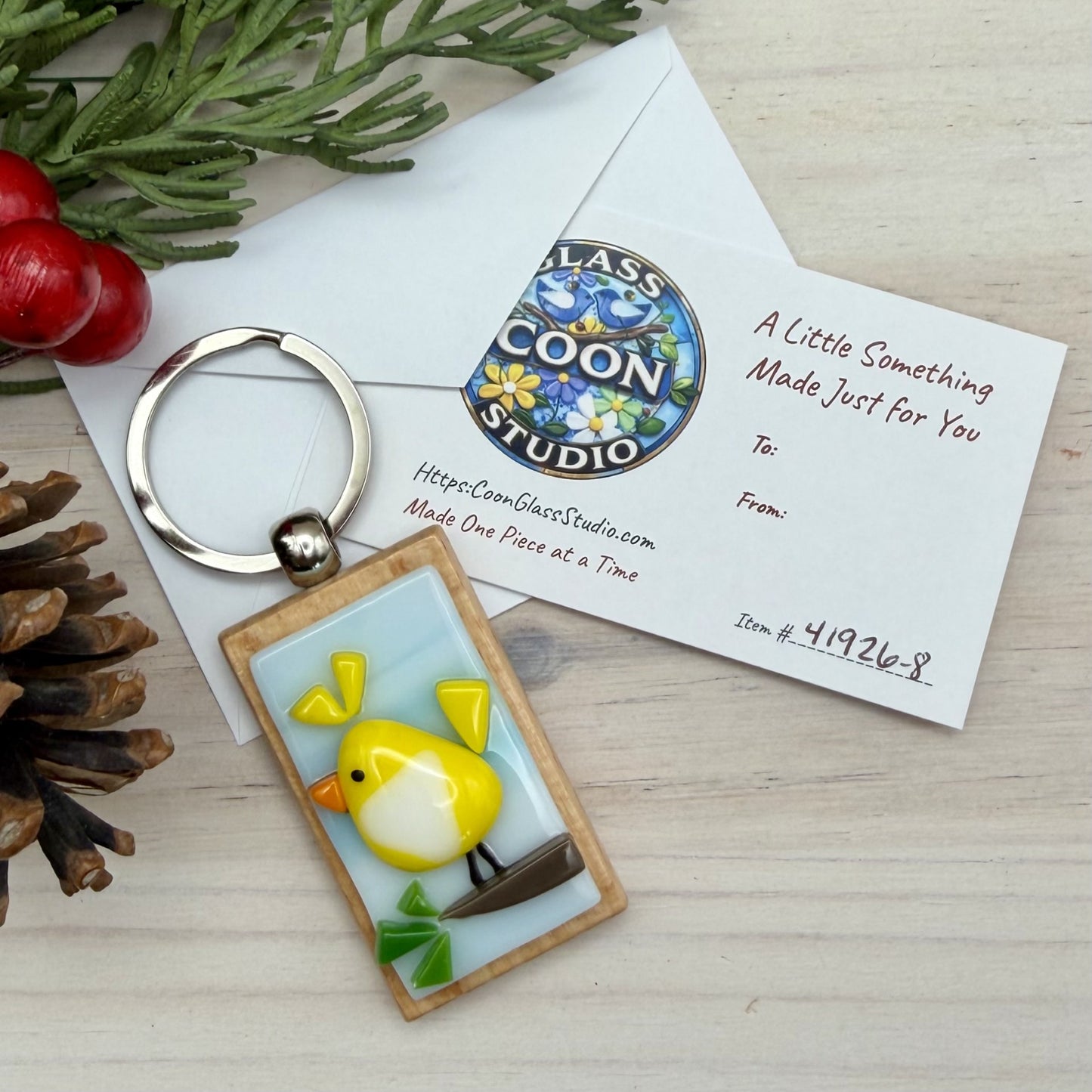 Fused Glass Bird Keychain – Yellow & White Love Bird on Beechwood Base