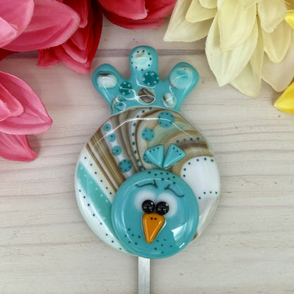 Fused Glass Whimsical Blue Bird Garden Stake – Polka Dot Plant Stake Decor
