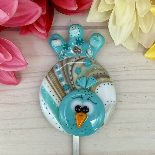 Fused Glass Whimsical Blue Bird Garden Stake – Polka Dot Plant Stake Decor