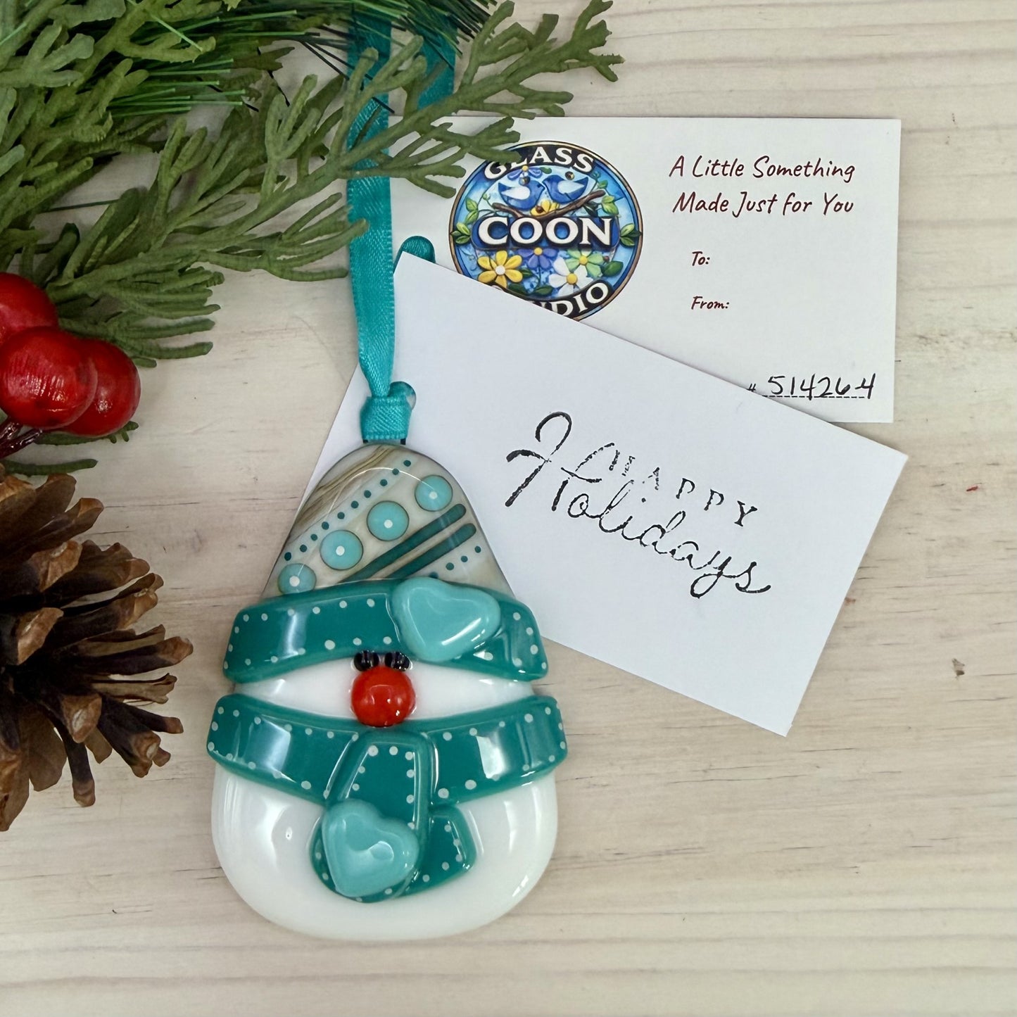 Fused Glass Snowman Ornament with Blue Heart – Handmade Christmas Ornament