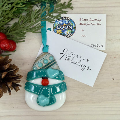 Fused Glass Snowman Ornament with Blue Heart – Handmade Christmas Ornament