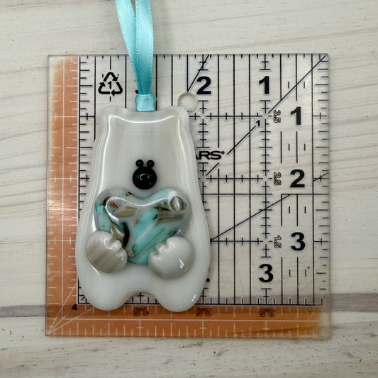 Fused Glass Bear Ornament Holding Heart – Handmade Gift – “You Make Everyday Bearable”