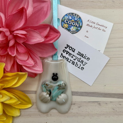 Fused Glass Bear Ornament Holding Heart – Handmade Gift – “You Make Everyday Bearable”