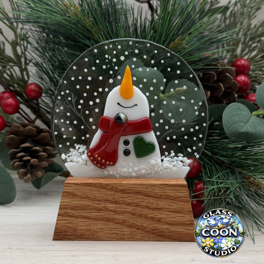 Fused Glass Snowman Snow Globe with Oak Display Stand – Winter Decor