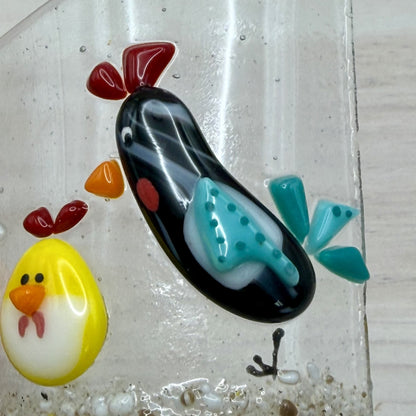 Fused Glass Chicken Wave Panel – Colorful Farm Scene, Free-Standing Art