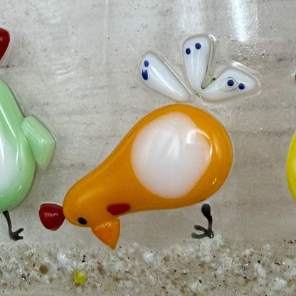 Fused Glass Chicken Wave Panel – Colorful Farm Scene, Free-Standing Art