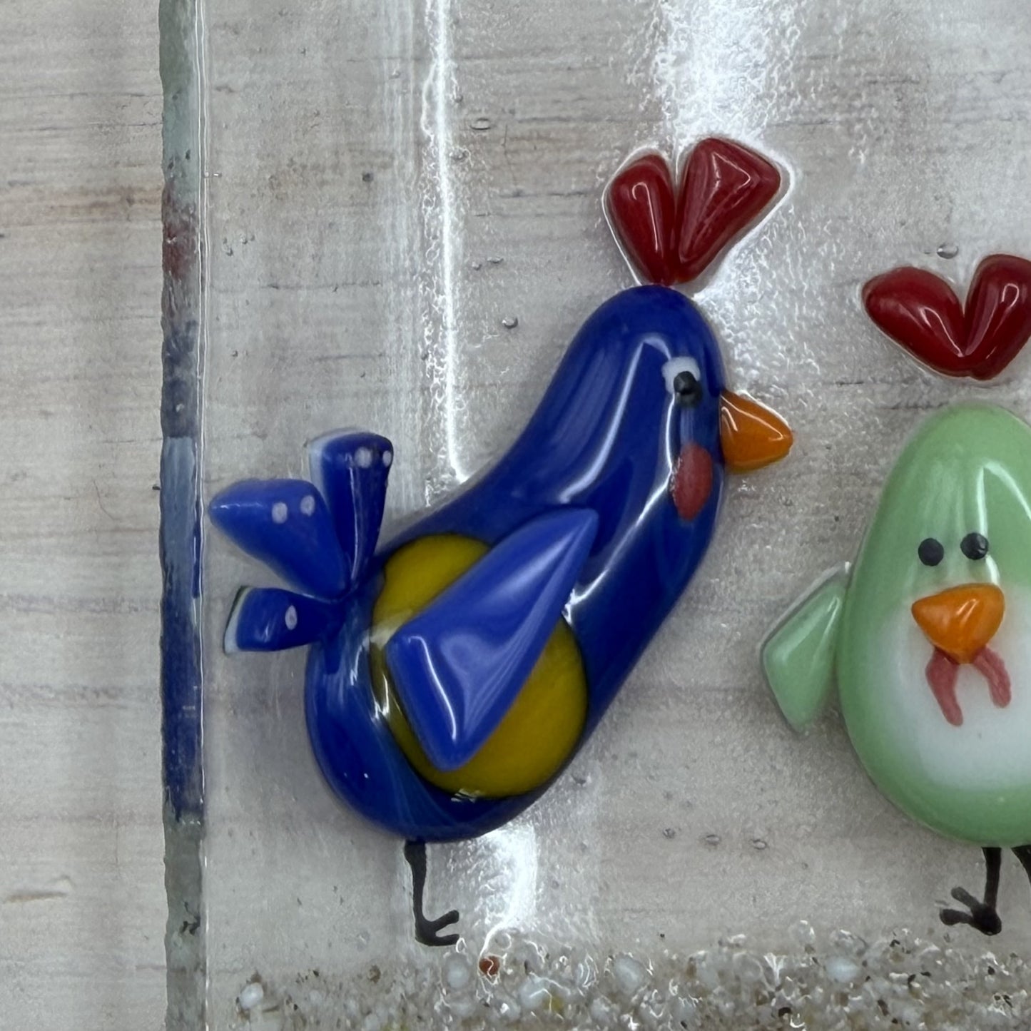 Fused Glass Chicken Wave Panel – Colorful Farm Scene, Free-Standing Art