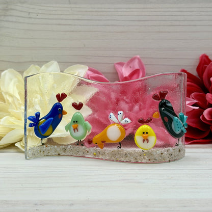 Fused Glass Chicken Wave Panel – Colorful Farm Scene, Free-Standing Art