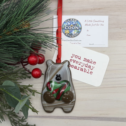 Fused Glass Brown Bear Ornament Holding a Christmas Heart